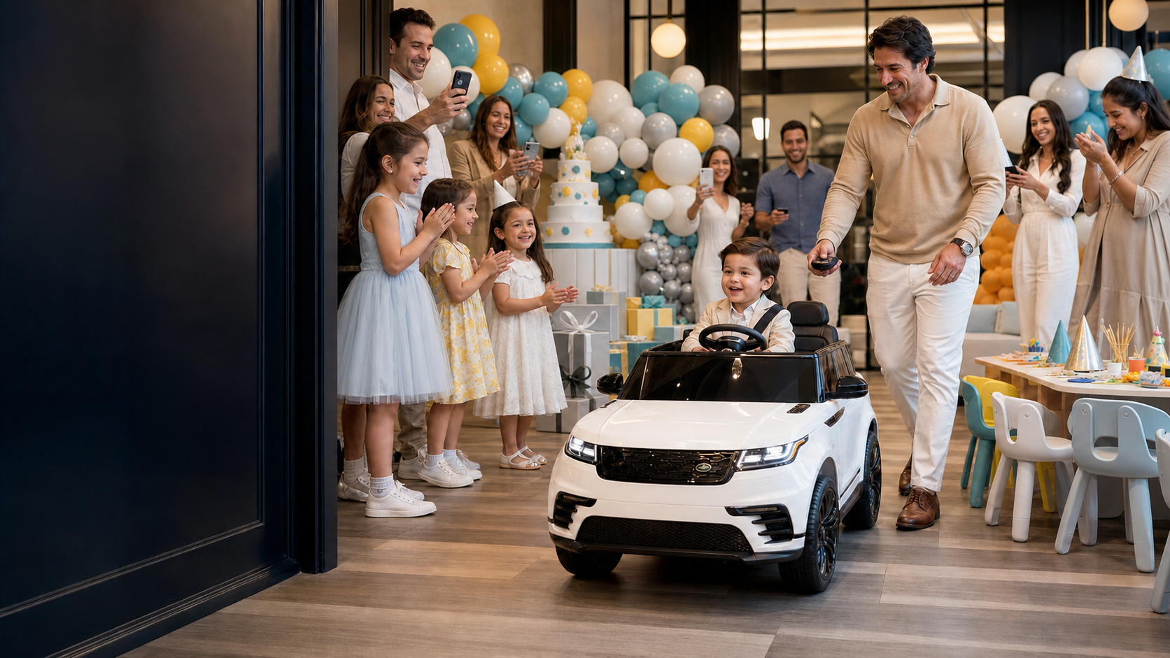 A young child arriving at a birthday celebration in a premium ride-on car