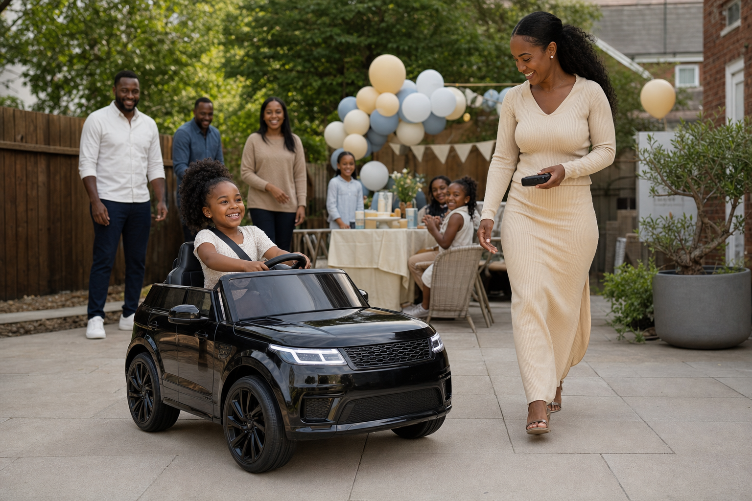 A child in a black ride-on car at a birthday party