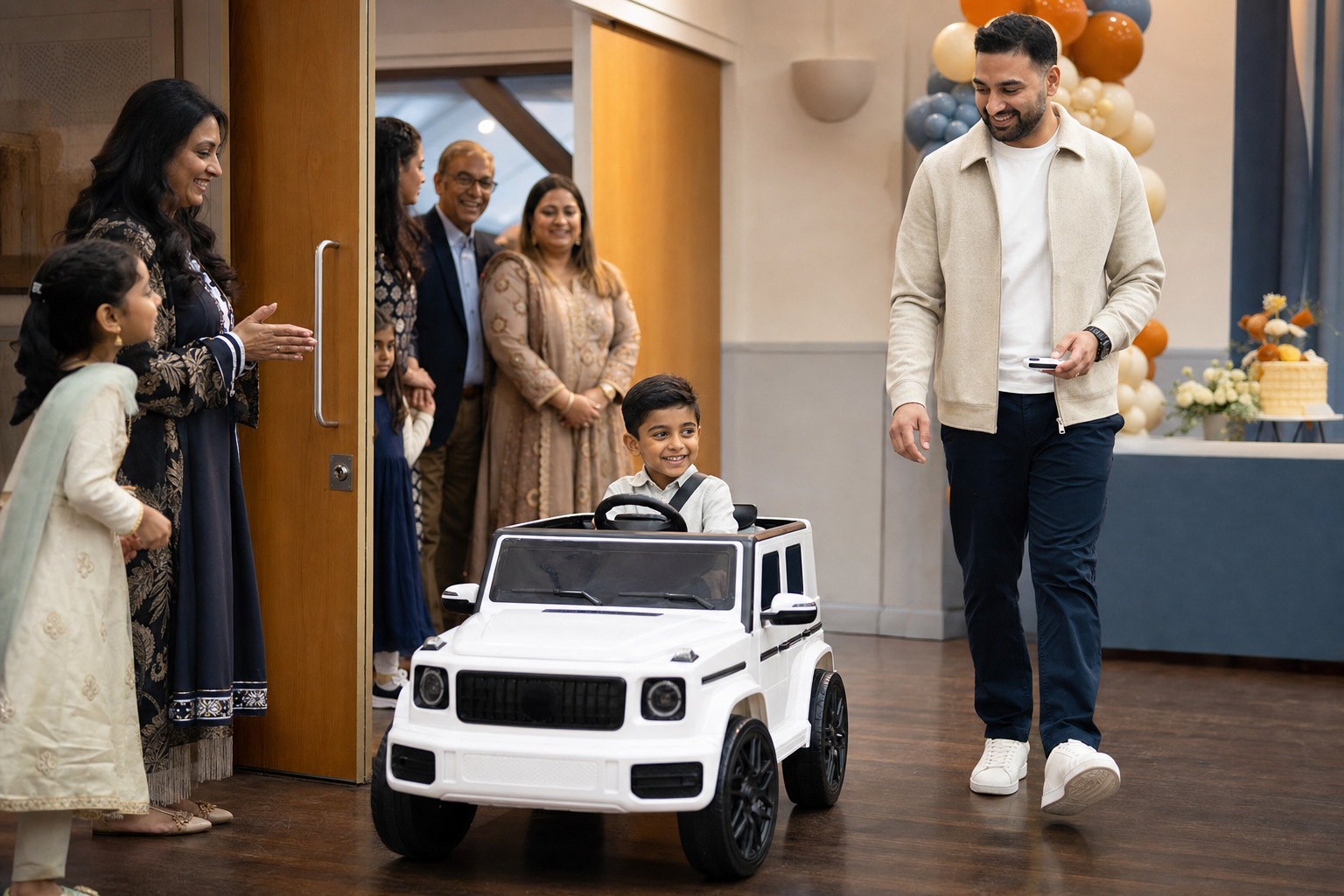 A birthday entrance in a white ride-on car