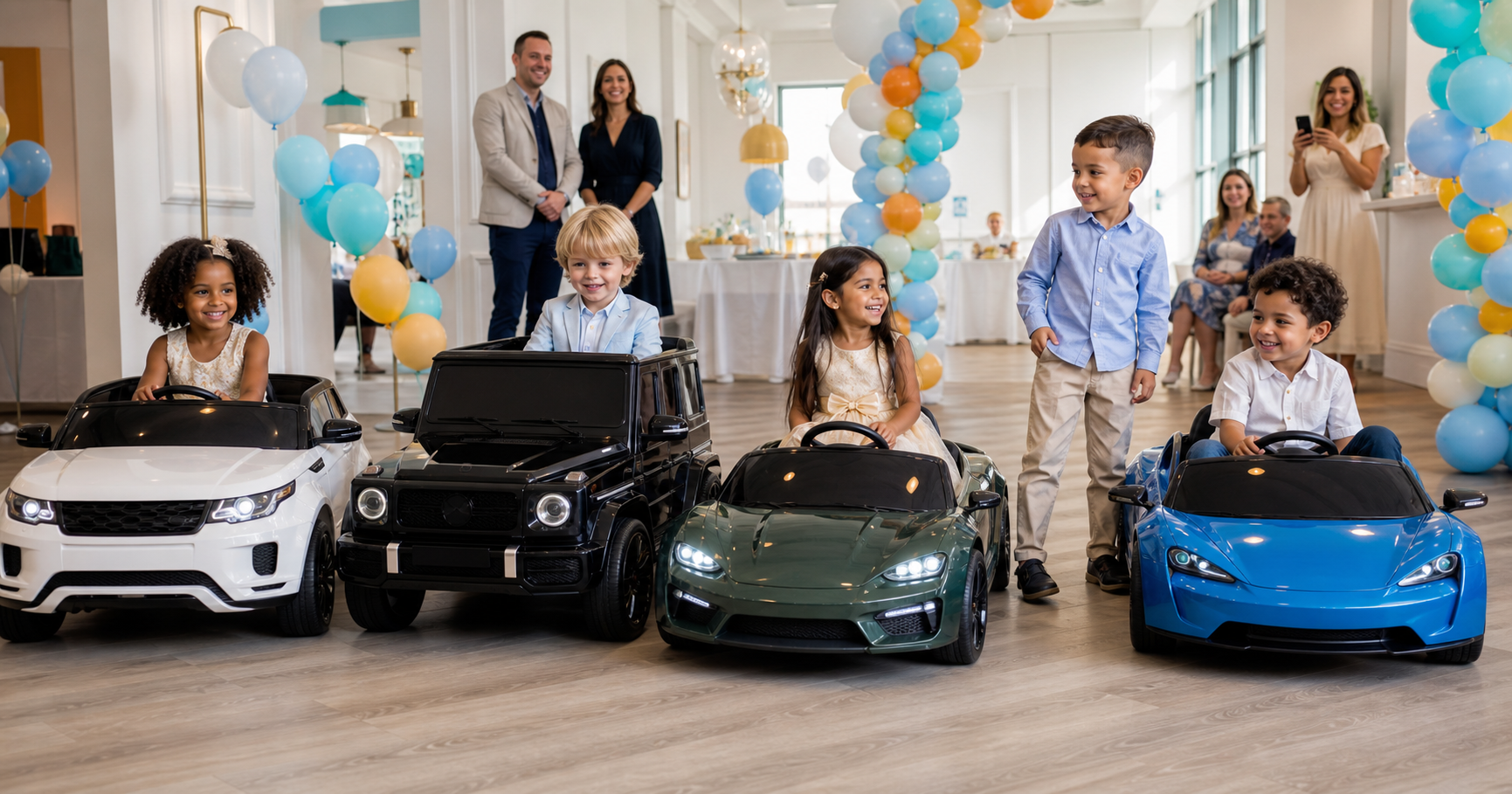 Several children with different coloured ride-on cars at a private birthday event